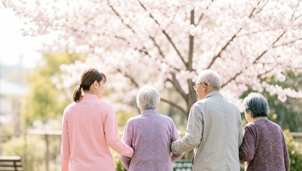 桜の下を職員と歩く高齢者